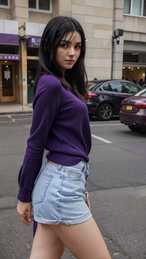 Black hair girl dressed in purple 