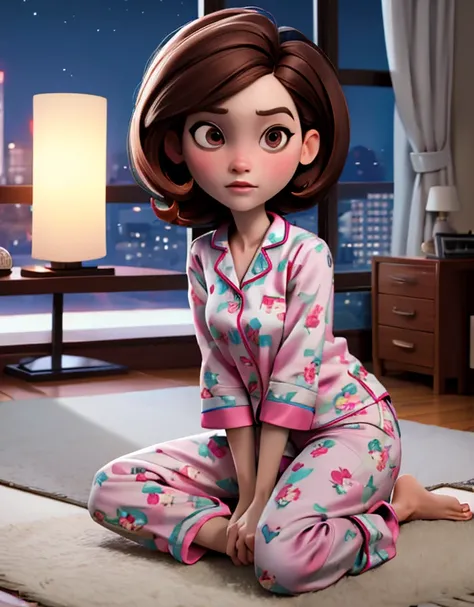 Solo, ((best quality)), ((highly detailed)), high colourful, masterpiece, (detailed eyes, deep eyes), (1woman), full body}, medium breasts, high hips, helenparr, brown hair, brown eyes, shy, grey pajamas , pajamas pants, (indoors, in living room, night), s...