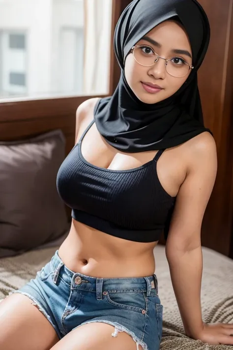 (iu:0.8).cleavage, RAW, Best quality, high resolution, Masterpiece: 1.3, Beautiful glasses hijabi Javanese girl wearing croptop and boyshort, Masterpiece, Soft smile