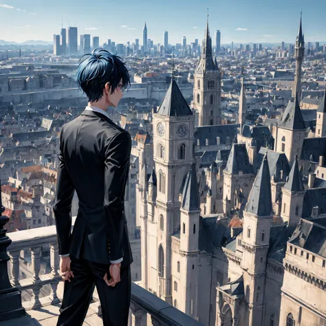 1boy, short blue hair, light blue eyes, all black suit, city, absurdres, high res, ultrasharp, 8K, masterpiece, looking at viewer from behind, in a castle