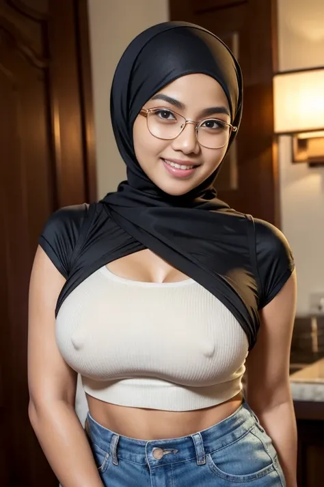 (iu:0.8).cleavage, RAW, Best quality, high resolution, Masterpiece: 1.3, Beautiful glasses hijabi Javanese girl wearing croptop and boyshort, big breast, ample cleavage, Masterpiece, Smirks smile