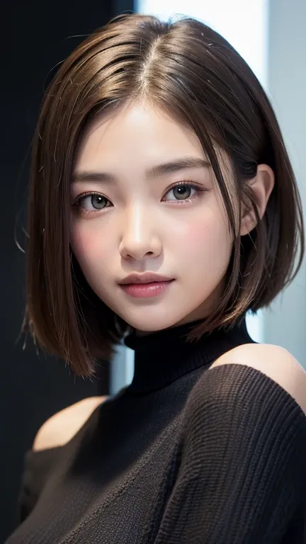 (((close-up of face)))、(((absolutely shoulder-length brown straight short bob)))、(((she is posing like a hair salon model, with ...