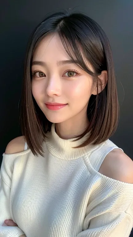 (((close-up of face)))、(((absolutely shoulder-length brown straight short bob)))、(((she is posing like a hair salon model, with ...