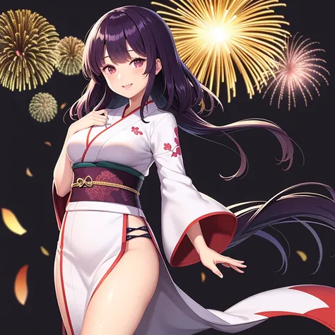 Nishikigoi-style kimono,Ai Fukuhara,Large breasts,Purple long hair,Fireworks are going up in the background