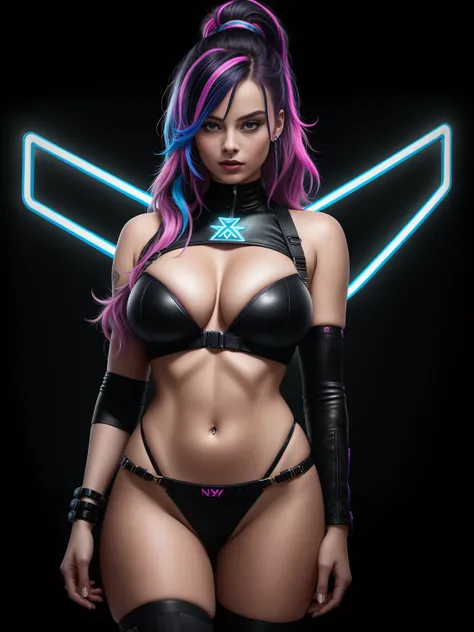 there is Margot Robbie, royal blue and bright purple neon streaked hair, hair in pony tail, 3 d neon art of a womans body, neon-noir background, cyberpunk femme fatale, seductive cyberpunk dark fantasy, cyberpunk strip clubs, cyberpunk 20 y. o model girl, ...