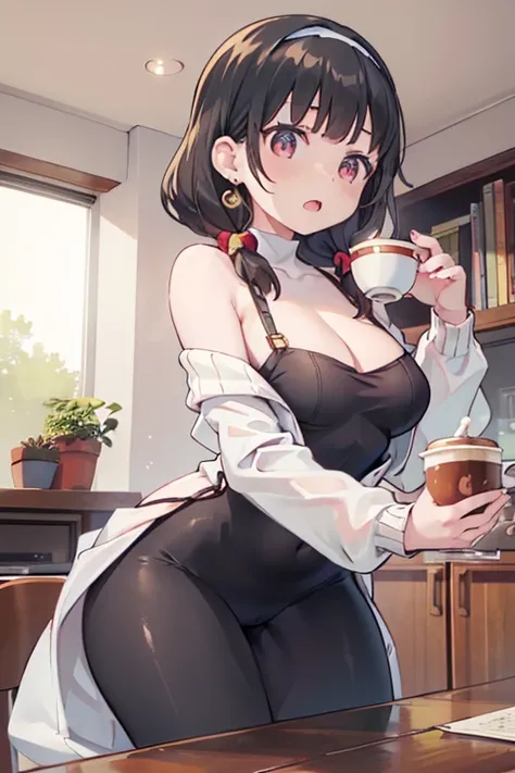 masterpiece, yor, 1girl, Amazing Cleavage:1.3, thin waist, big ass, Raised sexy, medium breast: 1.8 posed cleavage:1.2、solo, looking at viewer, open mouth, have a cup of coffee,black hair, red eyes, dress, bare shoulders, jewelry, collarbone, sidelocks, ha...