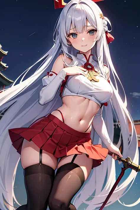 (((Priestess))), (((Simple design))), (Anime style), ((Night shrine)), White underwear, Cute, Heroine, (Red pleated skirt), Mini skirt, Sharp eyes, Black hair, (long hair), (straight hair), (white thigh-high boots), (garter belt), standing figure, beautifu...