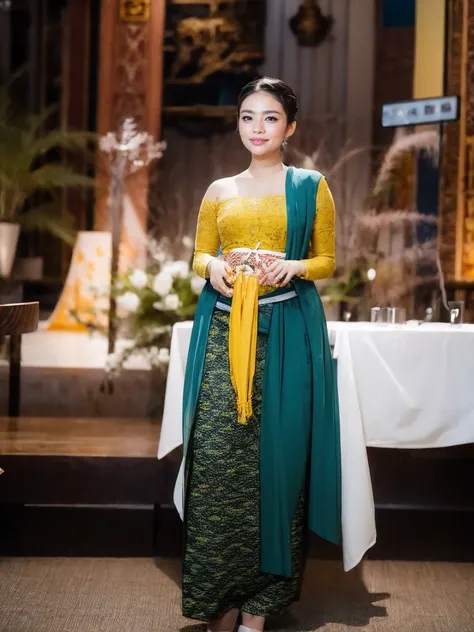 Middle, standing on the left side of the photo, a beautiful Asian woman aged 25 years, detailed white skin, wearing a white Waran Balinese kebaya, black Balinese batik sarong, yellow cloth tied to her waist, hair in a neat bun, full body, medium breasts, m...