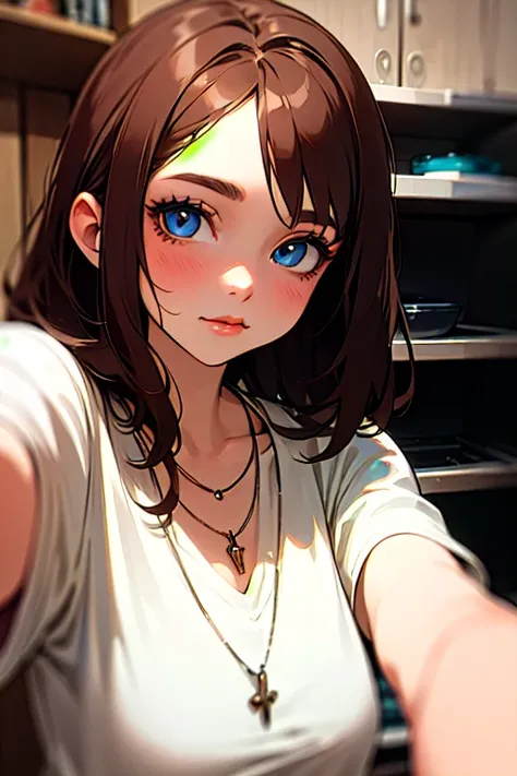 (Please, create an image of a young woman wearing a shirt and necklace... She has brown hair, big, Blue eyes, and thin, natural makeup.Looking straight into the camera, brunette in the kitchen. Selfies must be without visible makeup.., and she must look st...