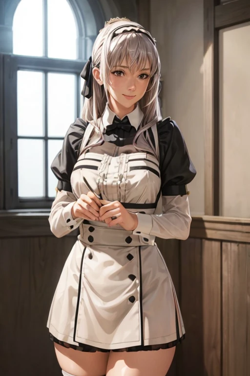 (highest quality,realistic:1.37),unbuttoned lacy grey blouse,without skirt,maid clothes,overall view,exposed legs,long and beaut...