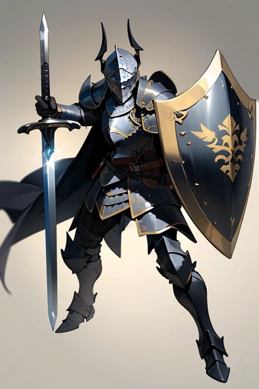 ((highest quality)), ((masterpiece)), (Familiar), One man,Fantasy,((Black Knight)),Full Body Armor,Full-face helmet,Two-horned helmet,((Black armor)),sword,((Black Armor)),Golden decoration,White pattern,sword,Cape,shield