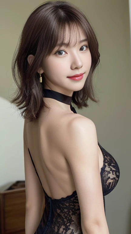 highest quality, shape, Very detailed, finely, High resolution, 8k wallpaper, 完璧なダイナミックな構shape, 美しくてBeautiful Eyes,Short Bob Hair､Big Breasts、Natural color lip, Bold sexy pose､smile、Adult female 30 years old、美shape、ear piercing，Choker on neck，Adult sex app...