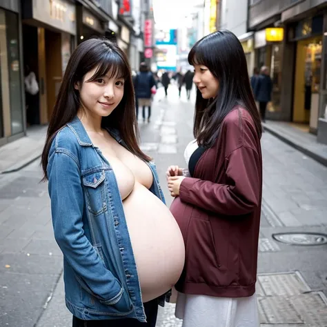 A pregnant Japanese mother and daughter with lactating breasts covering their breasts with their hands instead of a jacket on the street during the day