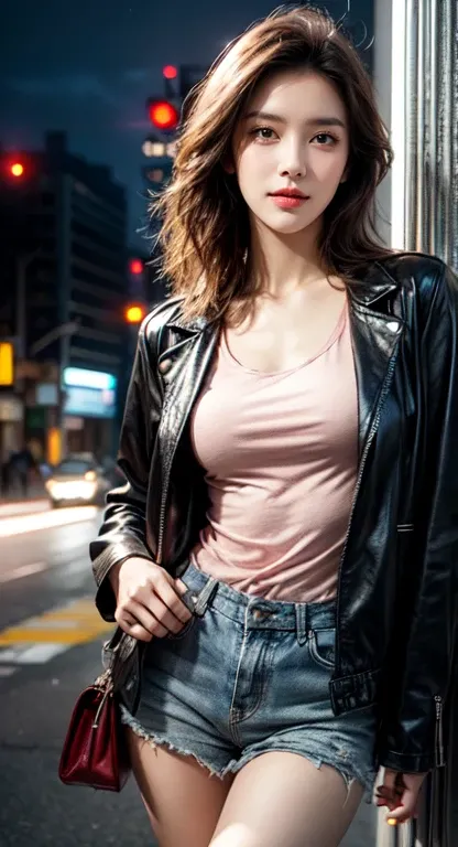 realistic, high resolution, 1 woman, mature woman, alone, blue eyes, hips up, ((put on makeup)),red lips, jacket, t-shirt, shorts, cyberpunk style, night city, neon light