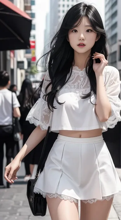 ,Long black hair,woman,22 years old,White short-sleeved blouse,The miniskirt flips up to reveal her white lace underwear,In town,Man behind,