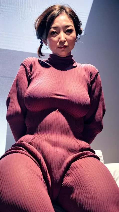 Japanese, mature, (alone), 60 years old, (Wrinkles around the eyes:1.2), Soft big breasts, Mature Woman, Glamour, Sexy, Watching the audience, Extra large breasts、Wearing a tight-fitting knit、Tight-fitting knit dresuchimuchi、Spread your legs、Panties expose...