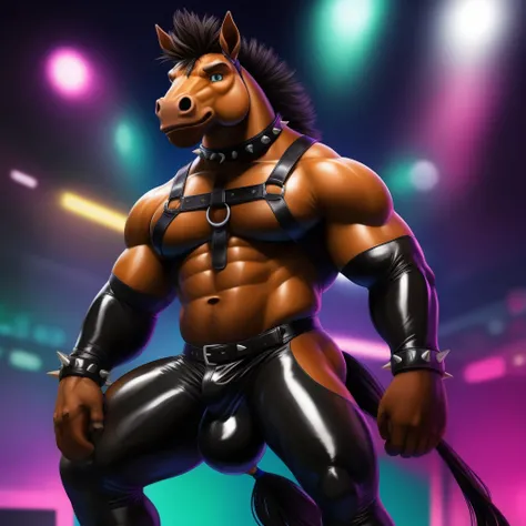 Furry, Antro, [Horse color Marron claro] , Horse Tail,  [Bulto Male Big], black leather harness, Arnes de Cuero negro, slip latex Black, Slip de Latex Negro, Correas de cuero negro, cuero negro, Unifome Arnes, Solo, (De Pie), [Bulto Male Big], Hooves , Det...