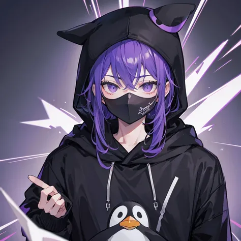 A Guy with a black mask wearing a black Hoodie with Smoking puple eyes with an Penguin hat 