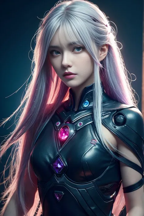 masterpiece, best quality, illustration, Beautiful and delicate eyes, Color Background, Mechanical prosthesis, mech coverage, Appearance of dark purple color accompanied by white hair, Pigs tail, Messy hair, Fluorescent violet, cool action, rose red eyes, ...