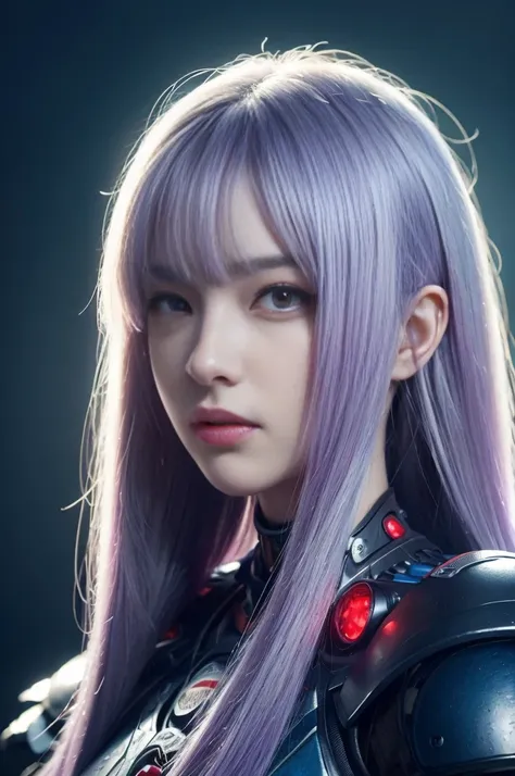 masterpiece, best quality, illustration, Beautiful and delicate eyes, Color Background, Mechanical prosthesis, mech coverage, Appearance of dark purple color accompanied by white hair, Pigs tail, Messy hair, Fluorescent violet, cool action, rose red eyes, ...