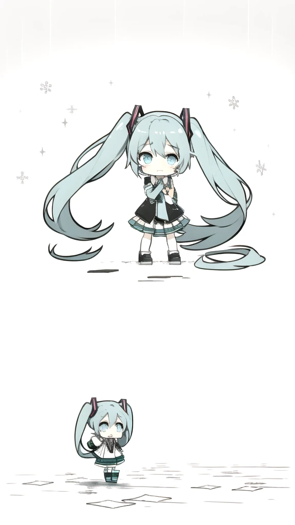 best quality, chibi, 1 girl,  miku, Hatsune Miku, (full body), Pure white background,Vivid,clearly,sad face,rain,Walking,snow,Are crying,shout,I have a letter