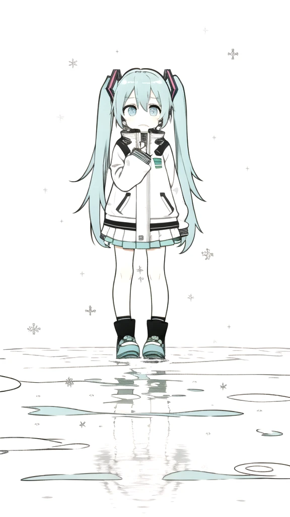 best quality, chibi, 1 girl,  miku, Hatsune Miku, (full body), Pure white background,Vivid,clearly,sad face,rain,Walking,snow,Are crying,shout,I have a letter