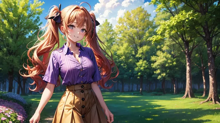 1girl, full body, summer, village, trees, sun, clouds, ((colorful hair)), curly hair, twintail, large breasts, button down shirt, ((purple shirt)), ((short sleeved shirt)), ((unbuttoned shirt)), unbuttoning buttons, popping buttons, cleavage 1:3, brown eye...