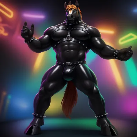 Furry, Antro, [Horse color Marron claro] , Horse Tail,  [Bulto Male Big], black leather harness, Arnes de Cuero negro, slip latex Black, Slip de Latex Negro, Correas de cuero negro, cuero negro, Unifome Arnes, Solo, (De Pie), [Bulto Male Big], Hooves , Det...