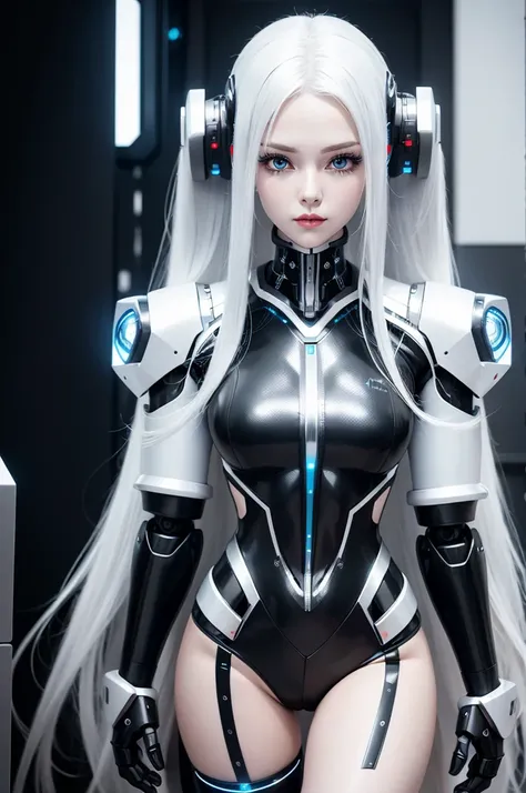 Close up of woman with long white hair wearing black and silver clothing, Robot-Silver Hair Girl, Beautiful white girl robot, Perfect robot girl, Cute girl, 3D rendering character art 8K, beautiful robot girl beautiful robot girl cyberpunk anime girl beaut...