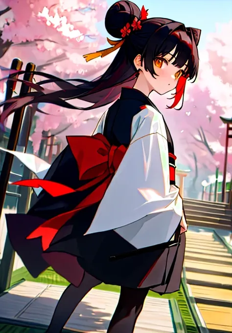 ((masterpiece,highest quality)),Two Girls, black kimono, Black legwear, black ribbon, Black Hair, cherry blossoms, Day, flower, Hair Bun, hair ribbon, kimono, kimono, Long Hair, View your viewers, Recall, Multiple Girls, heart, Outdoor, Red eyes, Redhead, ...