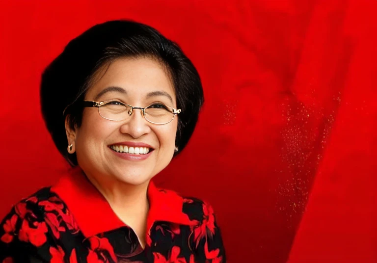 smiling woman in red shirt and glasses with a red background, leni robredo, inspired by Nil Gleyen, fujita goro, faridah malik, roge antonio, h. kyoht luterman, sandra, serena malyon, pilar gogar, inspired by Ruth Jên, kuntilanak, god emperor bongbong marc...