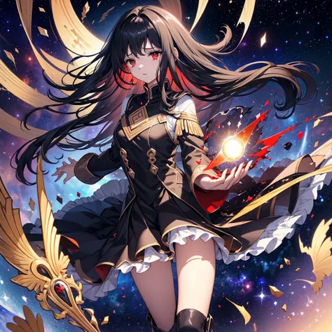 ((Fantasy　Black Hair　Long Hair　Dull red eyes　Have a galaxy　uniform　Lonely　despair))　((Tears　gloves))　(Broken glass　Distorted Space-Time　star　moon)　Catch the wind　fall　Shining Background　Particles of light　Stretch your hands out here