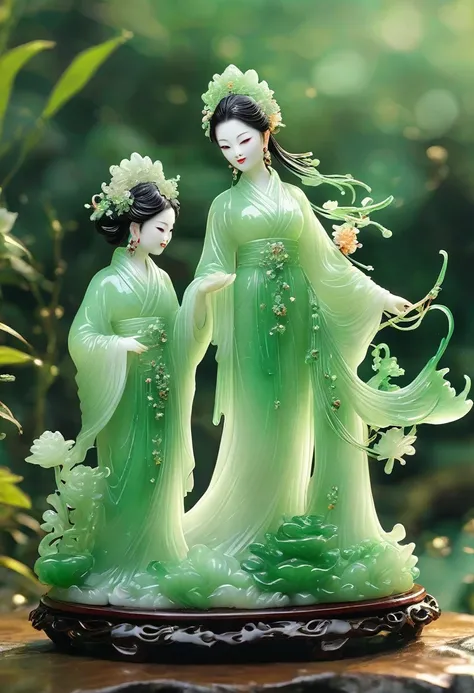 best quality, very good, 16K, ridiculous, Extremely detailed, Gorgeous mother and daughter，Made of translucent jadeite, Background grassland（（A masterpiece full of fantasy elements）））， （（best quality））， （（Intricate details））（8k）