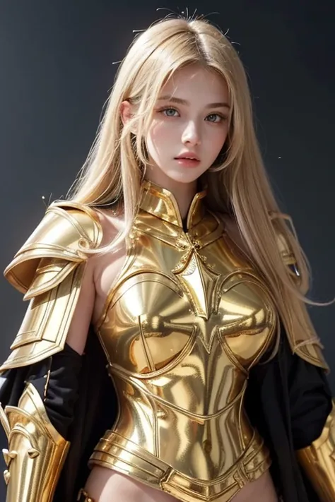 Attractive 18 year old Russian famous model, Light blonde hair, Close-up of a woman wearing only armor made of gold metal chains with a white cape, Beautifully patterned gold armor, Sailor Galaxia, God Emperor of Mankind, Golden Armor, Saint Seiya, Gold Pa...