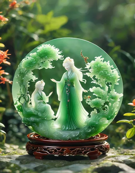 best quality, very good, 16K, ridiculous, Extremely detailed, Gorgeous mother and daughter，Made of translucent jadeite, Background grassland（（A masterpiece full of fantasy elements）））， （（best quality））， （（Intricate details））（8k）