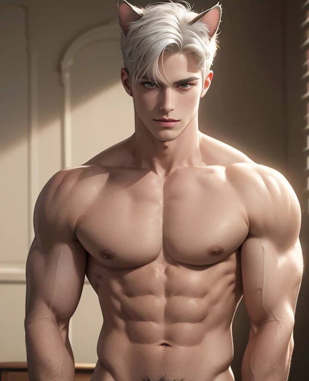 Full body photorealistic 4k, Catboy , cat ears, very high resolution, best quality, masterpiece, perfect color, perfect shade, perfect lighting, Posted by e621, ((portrait)), ((handsome man)), perfect male figure, Short hair details，chest muscles，abdominal...