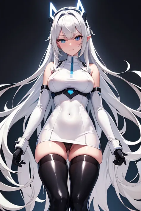 ((Masterpiece)), ((Top quality)), (Super detailed), ((Cute)), (Lovely), ((Sexy)), ((Very detailed)), 4K, (8K), Top quality , (Good condition), Illustration, Silver hair, Long hair, Blue eyes, Beautiful girl, Slender, (((White bodycon suit, high neck))), ((...