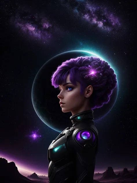 masterpiece, original photo, Hyperrealism, Beautiful alien girl with lots of purple hair, On a distant and wonderful planet, cosmic landscape, Cute and sexy, Very detailed, Science fiction aesthetics, Fantasy Halo, Supernatural Plants, By Rutkowski, HDR, I...