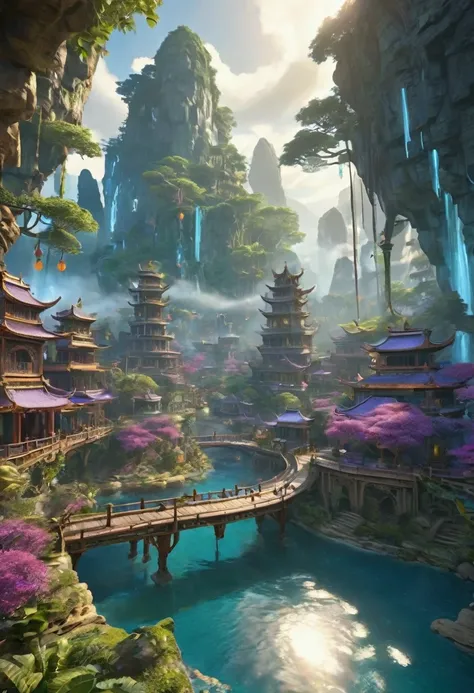 avatar village，《avatar》In katara, Maya 8K, Asian woman water element, Fantasy style 8k octane rendering,，avatar village，Movie scene agile world. Purple and blue，rich and colorful, Fairytale Forest, A bustling magical town, Magical Village, fantasy town, Ma...