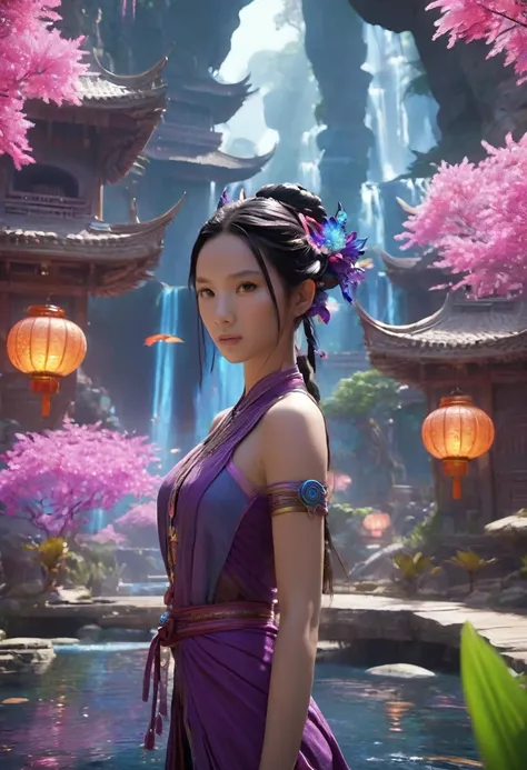 avatar village，《avatar》In katara, Maya 8K, Asian woman water element, Fantasy style 8k octane rendering,，avatar village，Movie scene agile world. Purple and blue，rich and colorful, Fairytale Forest, A bustling magical town, Magical Village, fantasy town, Ma...