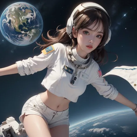 (8k, original photo, best quality, masterpiece:1.2), (Practical, photo-Practical:1.37), (1 Girl, up in the air), whole body, deep spatial depth, Space Background, Mysterious planet,(White shirt, White shorts),1 planet,((Astronaut Helmet,reflective)),