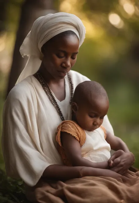 an African mother kneeling, her eyes closed in devotion, her hands raised in prayer. A soft white light radiates from it, enveloping it in a halo of tranquility. In the background, her children are suggested by the shadow, representing her maternal protect...