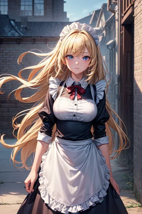 ((masterpiece)), ((best quality)), ((high resolution)), ((Detailed background)), ((Extremely detailed CG Unity 8K wallpaper)), Solitary, Shiona, Blonde hair, Long hair, blue eyes, Tufts, Cowboy shooting, outdoor, ((maid outfit))