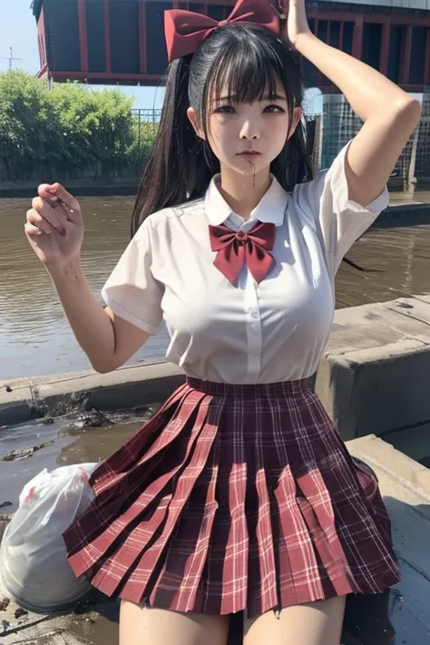 school girl big breast , red knot , red bow , white Shirt , skirt dark red , plaid skirt , pleated skirt , Foul-smelling sewer、Littered with filth、Sewage channels full of feces、a lot of garbage and junk、The dirtiest sewer))  , Scoop out filth with both han...