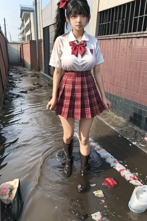 school girl big breast , red knot , red bow , white Shirt , skirt dark red , plaid skirt , pleated skirt , Foul-smelling sewer、Littered with filth、Sewage channels full of feces、a lot of garbage and junk、The dirtiest sewer))  , Scoop out filth with both han...