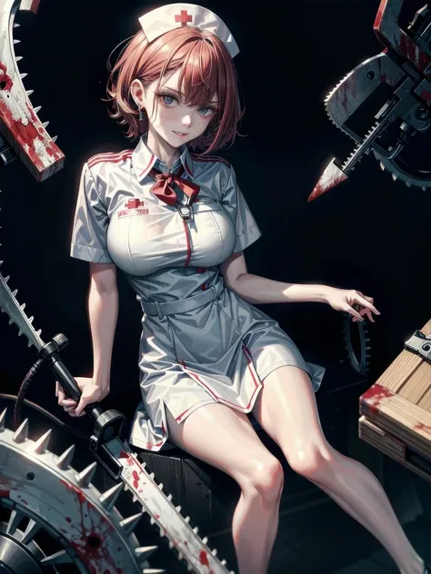 (blood), (blood splatter), (blood on clothes), (blood stain), hospital, ((nurse uniform)), (holding huge mechanical chainsaw), absurdres, RAW photo, extremely delicate and beautiful, masterpiece, Best Quality, ultra high resolution, 32k, hyperrealistic, ul...