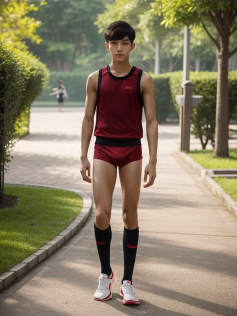 16 years old teenagers , very young , light-skin , wearing an dark red sexy underwear, tmasterpiece，k hd，the feet，Transparent sports vest，semi transparent，black long socks，The barefoot , red colour , handsome and cute , extreme cute boy , white skin , dark...