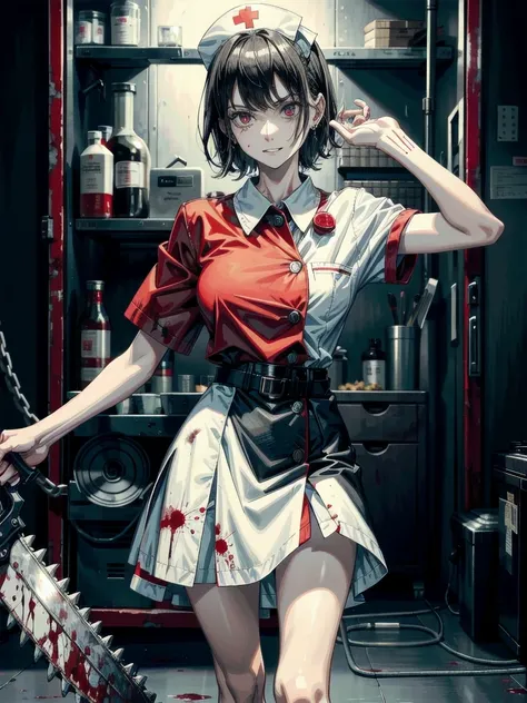 (blood), (blood splatter), (blood on clothes), (blood stain), hospital, ((nurse uniform)), (holding electric chainsaw), absurdres, RAW photo, extremely delicate and beautiful, masterpiece, Best Quality, ultra high resolution, 32k, hyperrealistic, ultra-det...