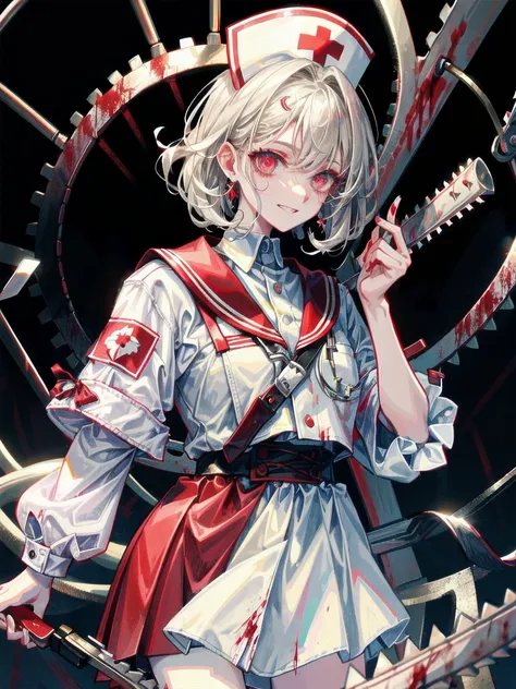 (blood), (blood splatter), (blood on clothes), (blood stain), hospital, ((nurse uniform)), (holding electric chainsaw), absurdres, RAW photo, extremely delicate and beautiful, masterpiece, Best Quality, ultra high resolution, 32k, hyperrealistic, ultra-det...