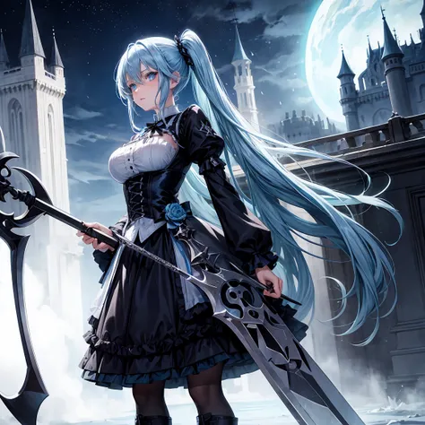 1 girl,light blue hair,light blue eyes,long hair,side ponytail,large breasts,gothic lolita,death scythe,standding,fantasy,night,castle,full body